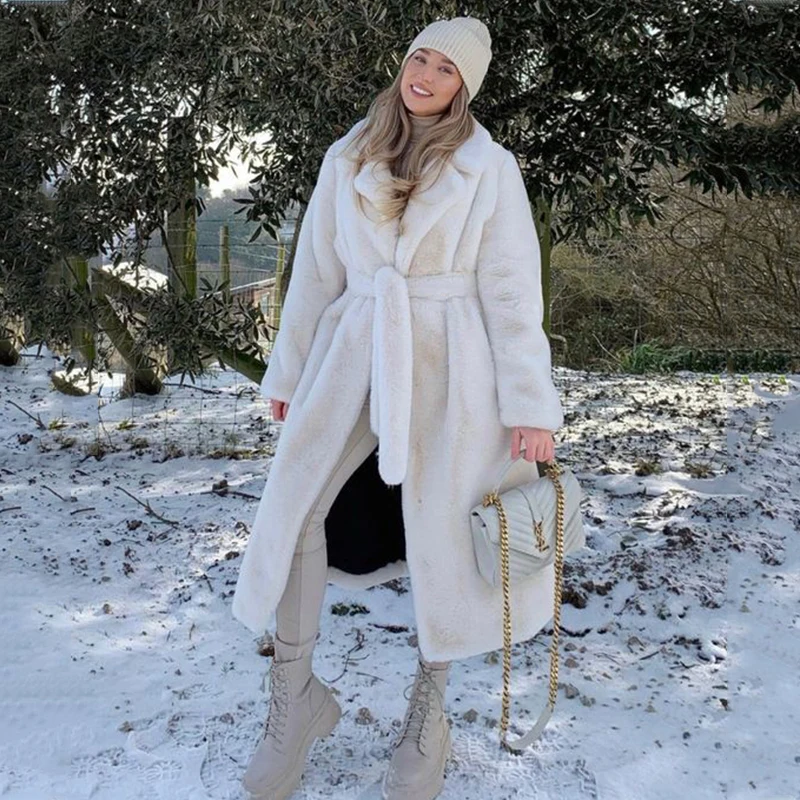 Winter lange Mäntel Frauen übergroße lose Stil Revers Gürtel Faux Kaninchen Pelz Mantel Jacke weiblich plus Größe Outwear Plüsch Mäntel