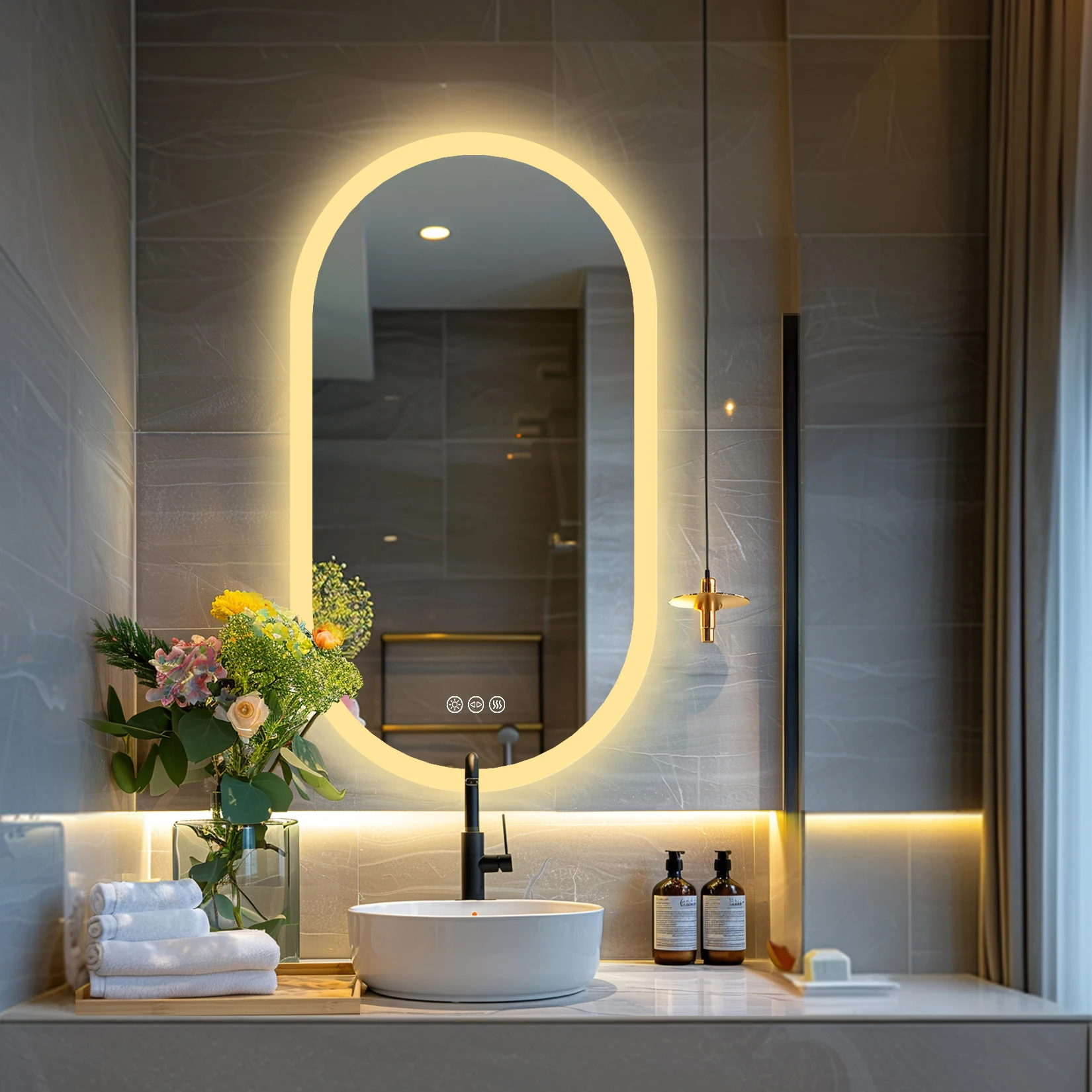 LED Anti-Fog Bathroom Mirror Oval Horizontal or Vertically Mounting Possible Bathroom Mirror LED Illuminated with 2 Touch Switches + LED Light Change Warm White Cool White Neutral