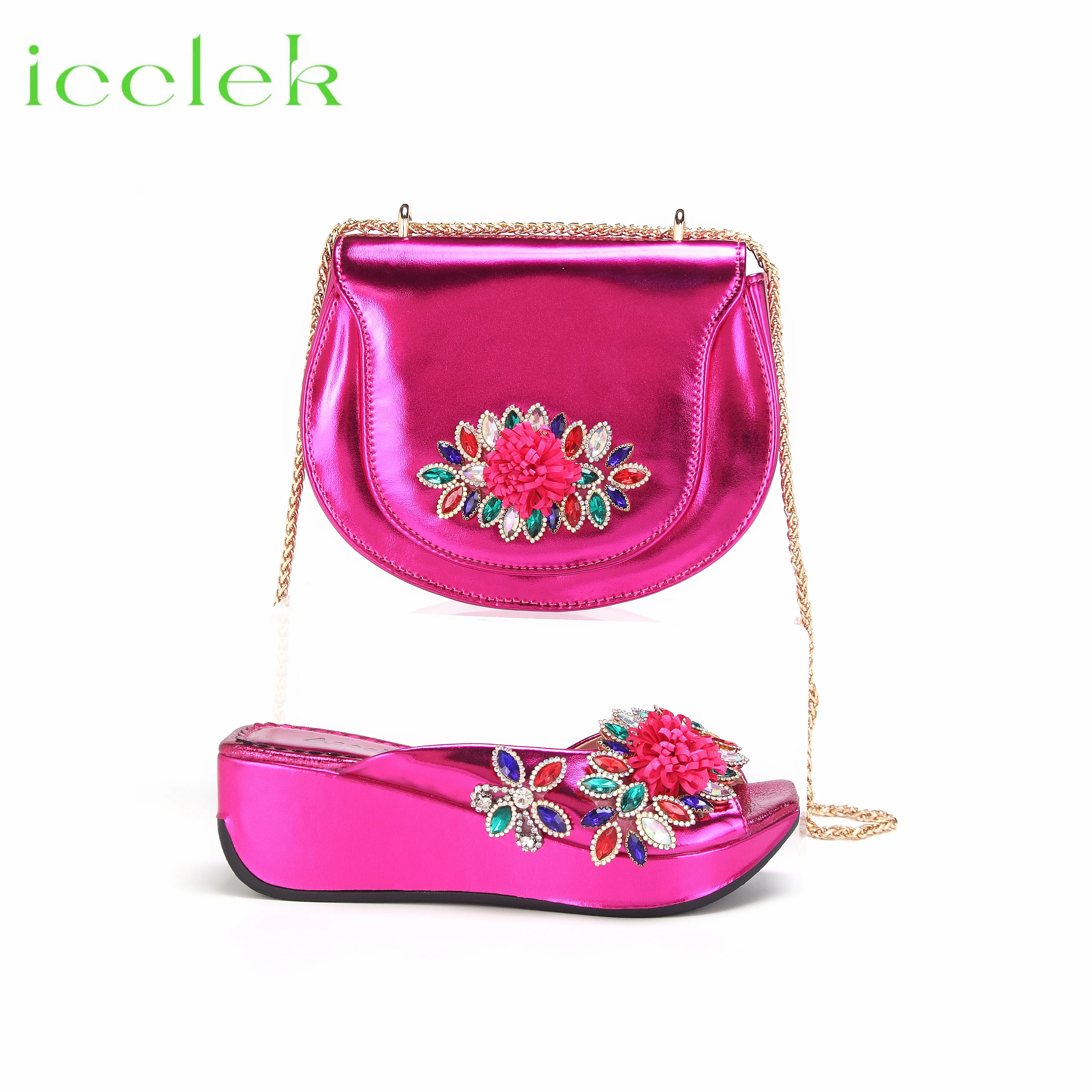 

2024 Super Heels Peep Toe Ladies Slipper Shoes with Bag Set in Fuchsia Color For Nigerian Women Wedding Party