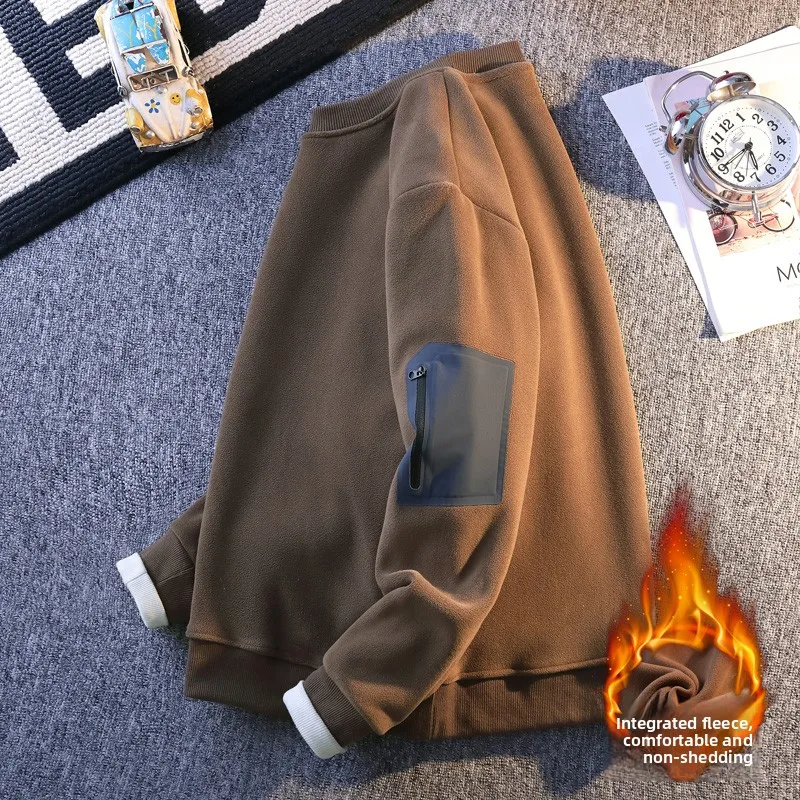 

Утепленный флисовый свитшот с круглым вырезом для мужчин: зимний, теплый, защита от холода, молодежный, модный, повседневный, с длинным рукавом, базовый, приталенный крой