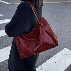 Vintage Red Womens Tote Bag Athletic Casual Fashion Large Capacity Leather Shoulder Bag Shopper Harajuku Simple Handbag Sac