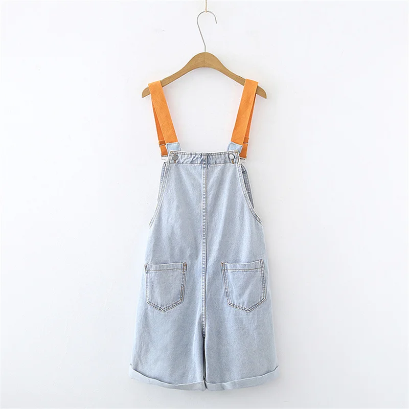 Washed Denim Overalls Shorts Women's High Waist Straight Leg Cuffed Korean Style Student Simple Loose Contrast Patchwork