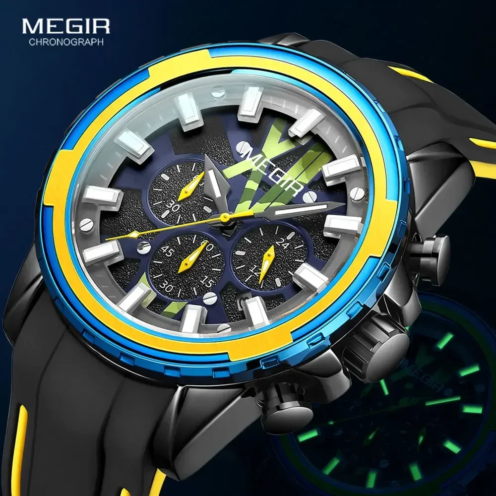 MEGIR Watch for Men Fashion Military Sport Chronograph Quartz Watches Silicone Strap 24-hour Wristwatch часы relogio reloj 2133