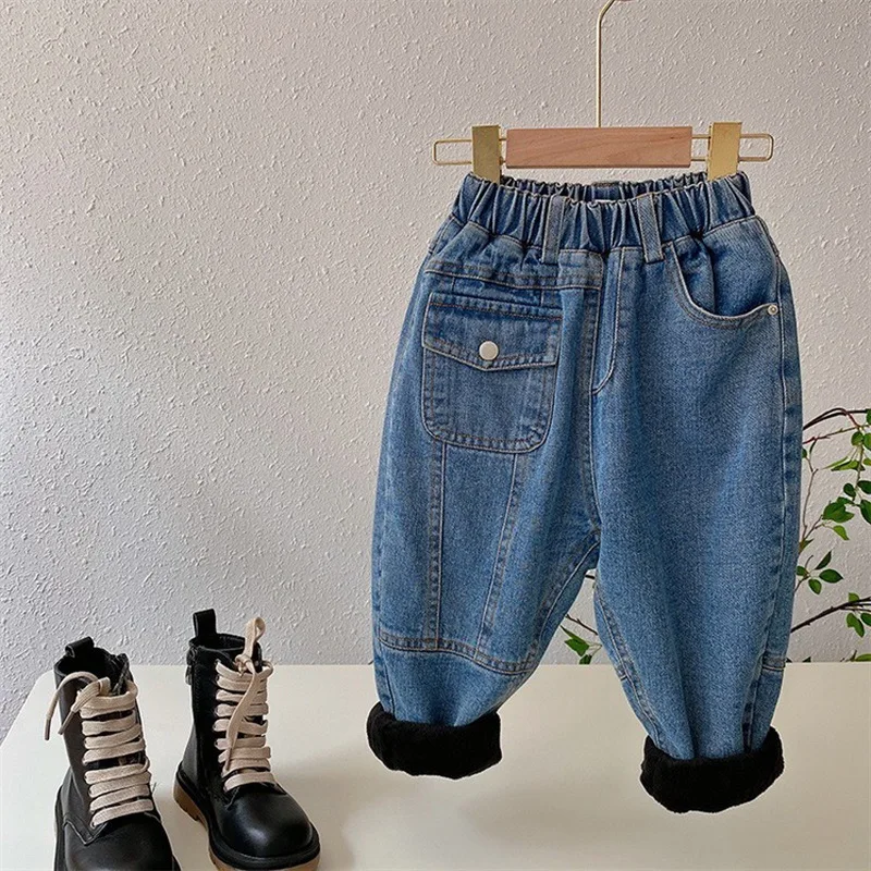 

Winter Baby Boys Denim Pants Solid Color Infants Baby Pants Jeans Casual Children Thickened Plush Pants 80-140cm