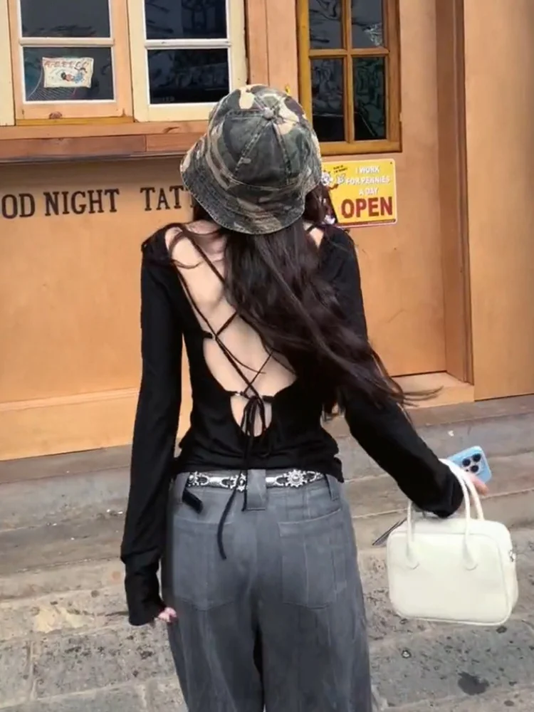 Sexy Backless Long Sleeve T-Shirt Women's Summer Design Pure Desire Spicy Thin Sunscreen Cover up Cotton Blend Casual Wear
