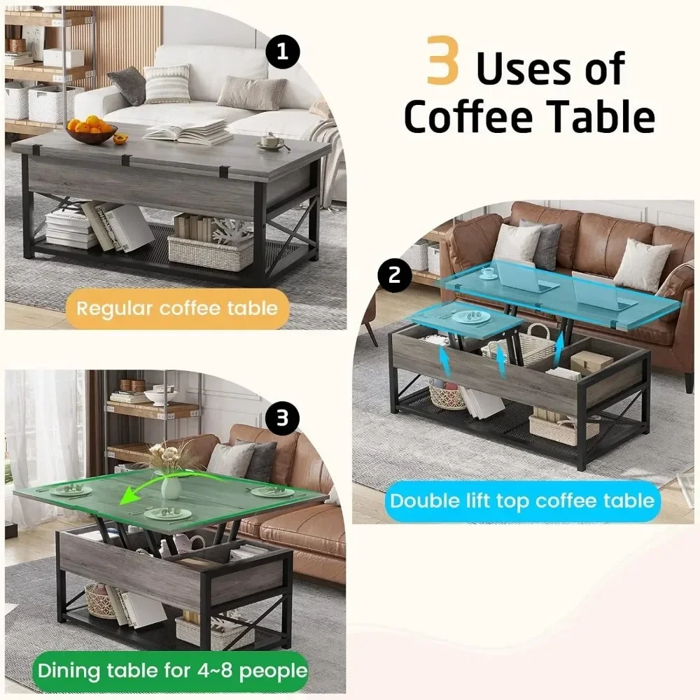 43-Zoll-Couchtisch mit Hubplatte, 3-in-1-Multifunktions-Kleiner Couchtisch mit Stauraum für Wohnzimmer, Couchtisch