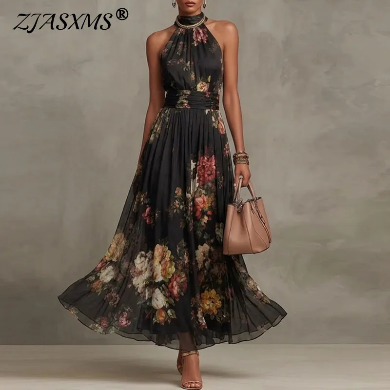 Boho Elegantes Blumenmuster Neckholder Maxikleid Damen Ärmelloses A-Linien Langes Kleid Vintage Hohe Taille Sommer Partykleider Mujer