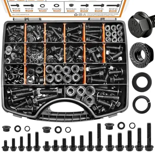 

Mankk 400PC Metric Grade 10.9 Flange Bolts, Nuts & Washers Kit - M6, M8, M10 - Black Alloy Steel - Auto Use