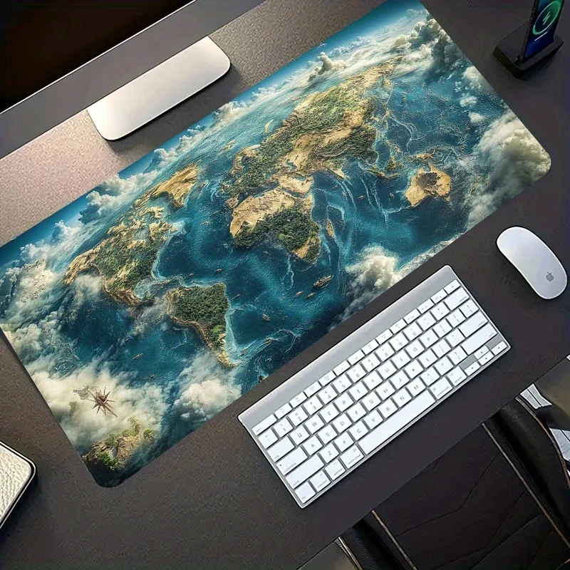 A Large Gaming Mouse Pad Featuring A 3D Adventure Style World Map Design With A Non Slip Washable Rubber Base