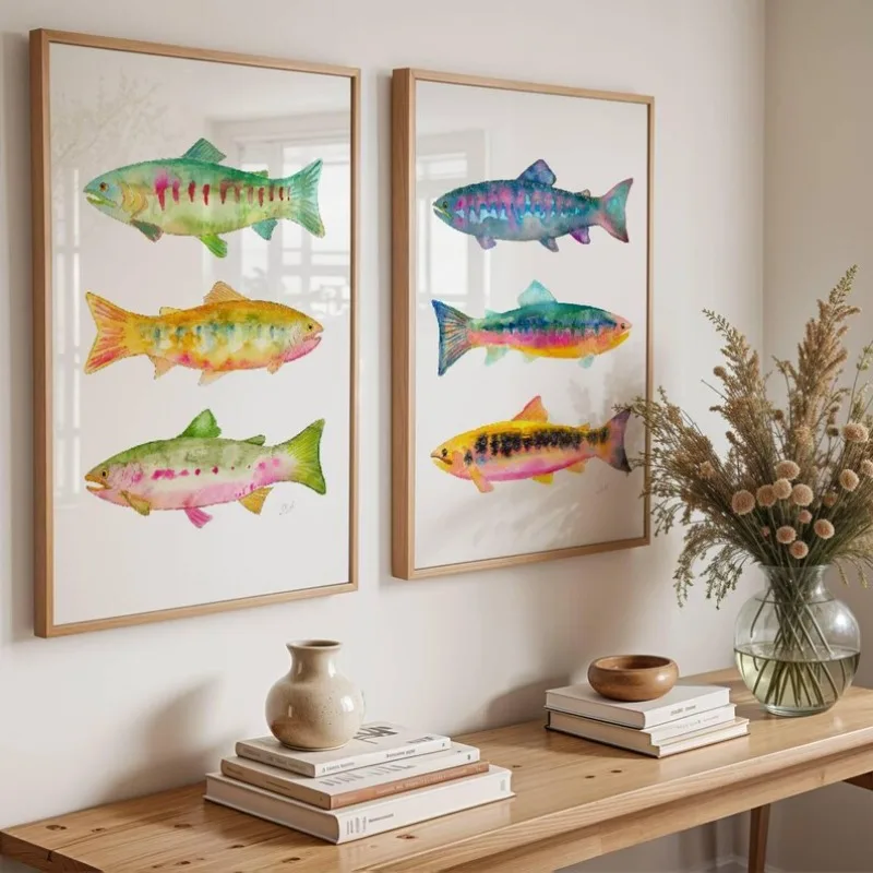 نابضة بالحياة المائية سمك السلمون المرقط الأسماك المشارك الحديثة بحيرة الأسماك الصيد حائط لوح رسم الفن صياد غرفة ديكور المنزل هدية لأبي