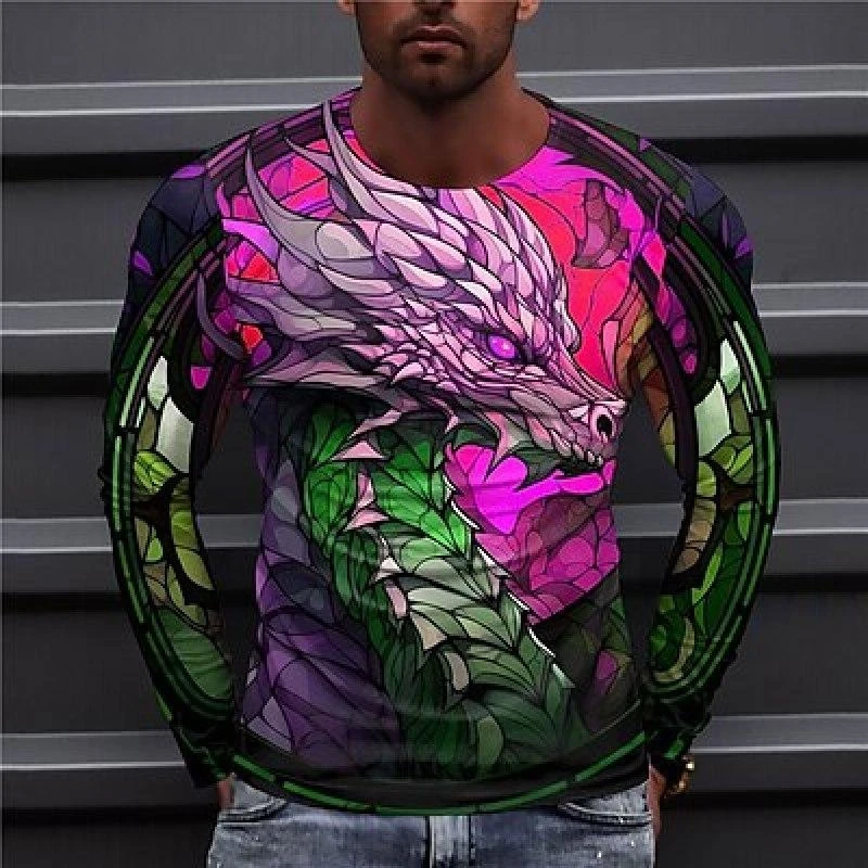 Cool Colorful Dragon T-shirt Men's Clothing Long Sleeve O-neck T Shirts Street Hip Hop Personality Autumn Outdoor Casual Tee Top