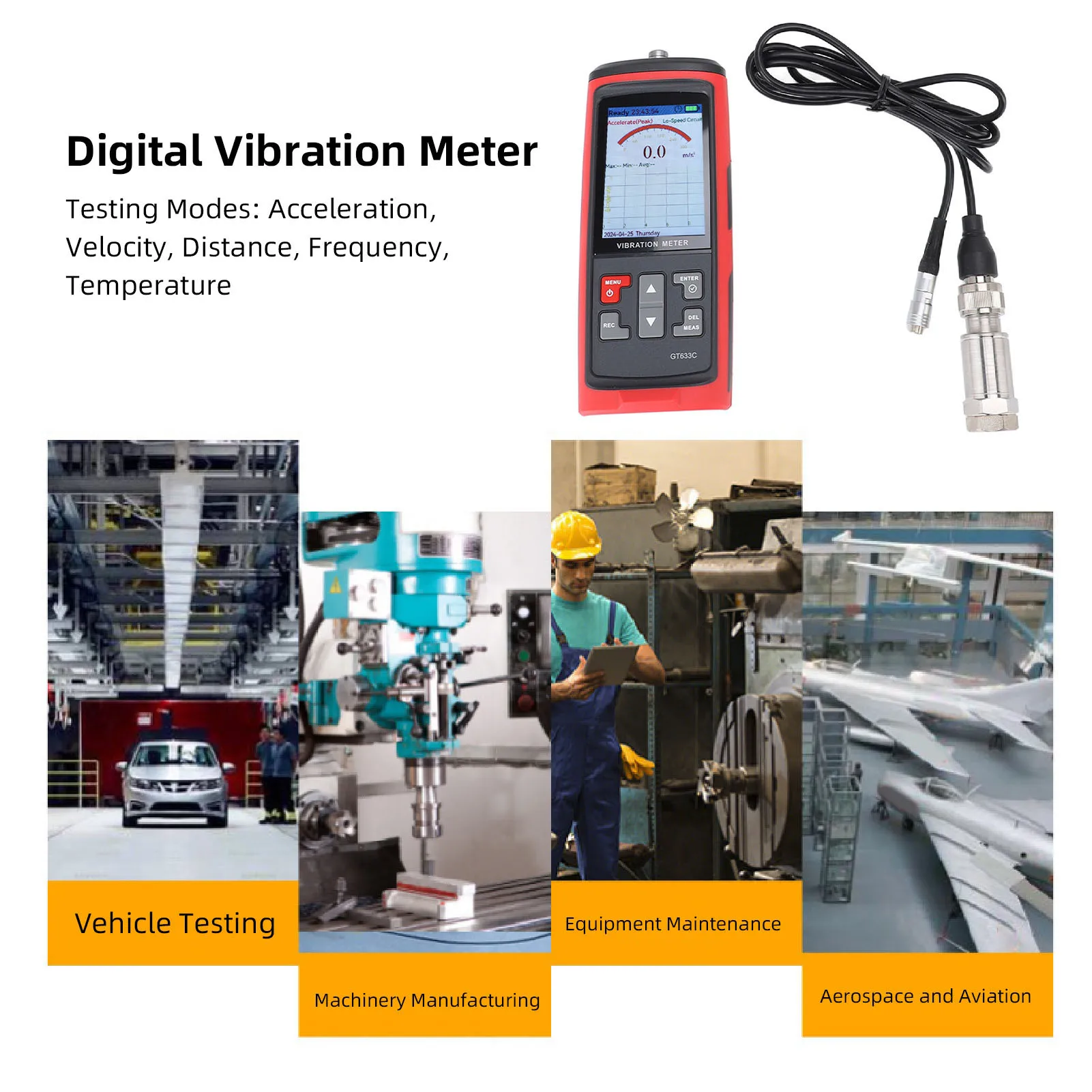 GT633C compteur de vibrations couleur LCD analyseur de vibrations numérique vitesse d'accélération Distance fréquence température Mode de test