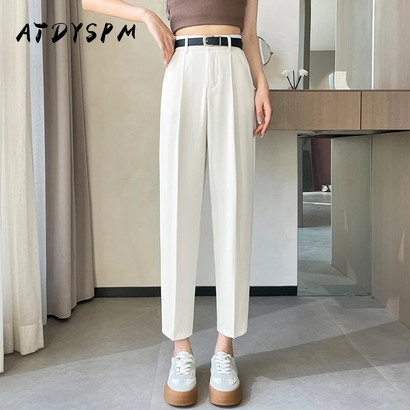 

Women Suit Pants Solid High Elastic Waist Straight Ankle Length Trousers Casual 2024 Summer Fashion Women's Pants With Belt