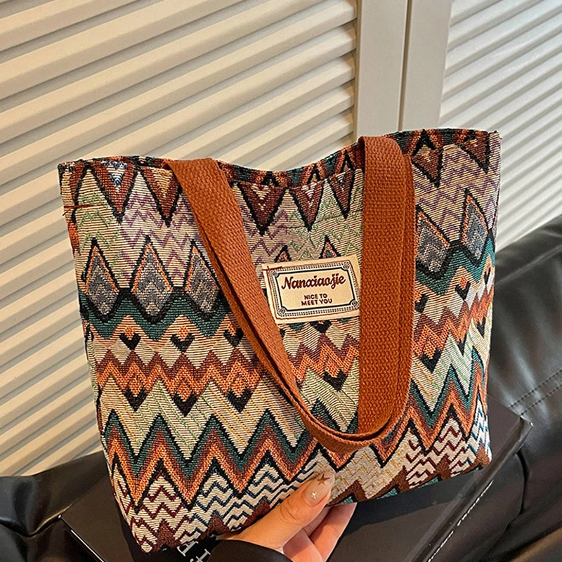 Bohemian Ethno-Stil Geometrischer Druck Canvas-Umhängetasche, Bunte Zickzack-Muster-Handtasche für Damen, Leichte Pendler-Tragetasche – Detail 8