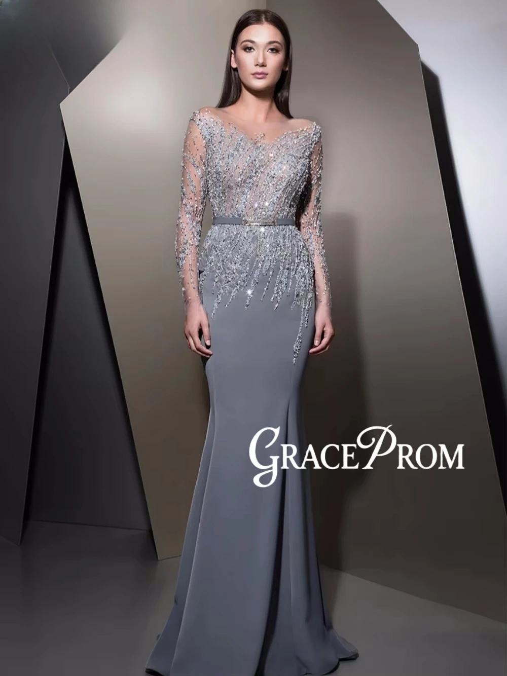 

GRACEPROM Illusion Long Sleeve Evening Dress Beaded Sequined Mermaid Cocktail Gown Glamorous Customized Women Dinner Party Wear