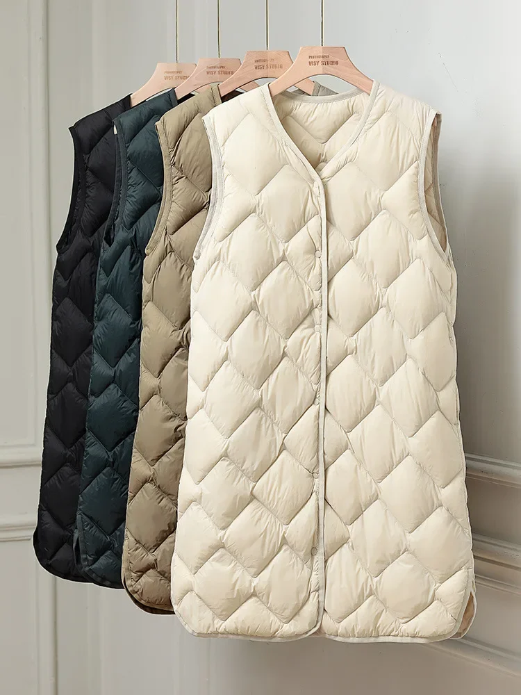 

Women Autumn Down Vests 2023 New Ultralight 90% White Duck Down Long Jackets Collarless Puffer Liner Portable Winter Waistcoats