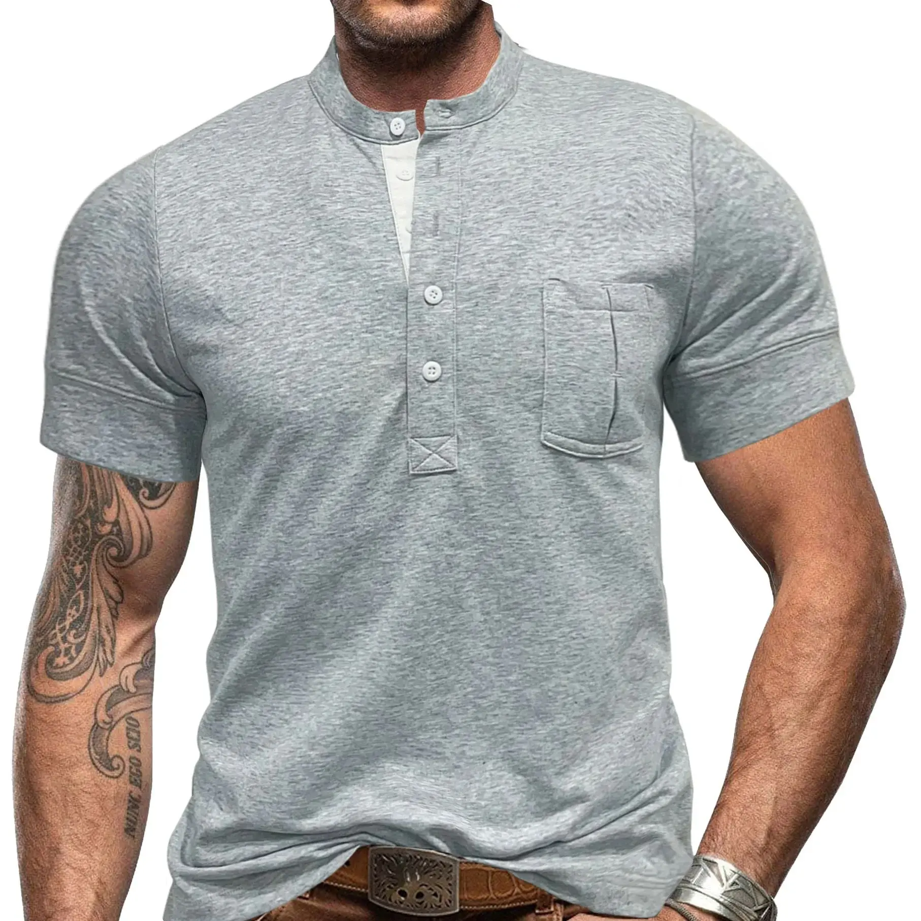 TRSYPHXM new 2024 men's outdoor round neck open top Henry short sleeved base T-shirt pocket men's polo shirt