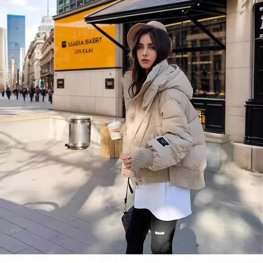 Winter Women's Winter Jacket Female Hooded Pure Color Thicken Warm Cotton Jacket 2 Pocket Threaded Splicing Short Cotton Jacket