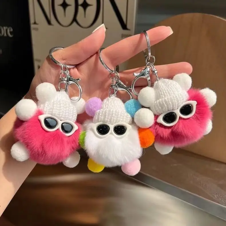 Cute Plush Keychain Fluffy Otter Rabbit Fur Imitation Car Keyring Bag Charm Ins Trendy Gift