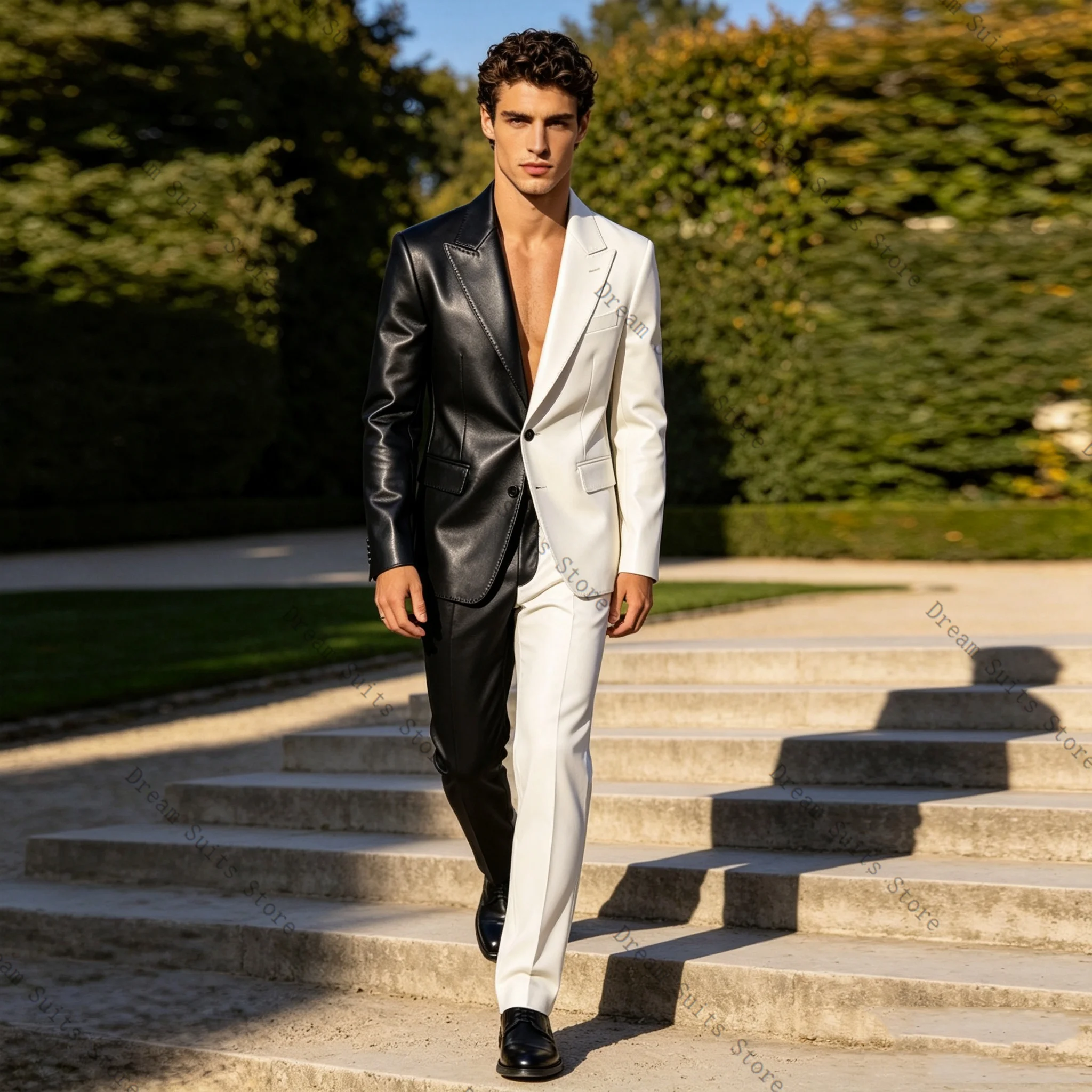 

White Black PU Leather Men Suit Set 2 Pcs Blazer+Pants Trousers Customized Formal Office Jacket Wedding Tuxedos Prom Coat