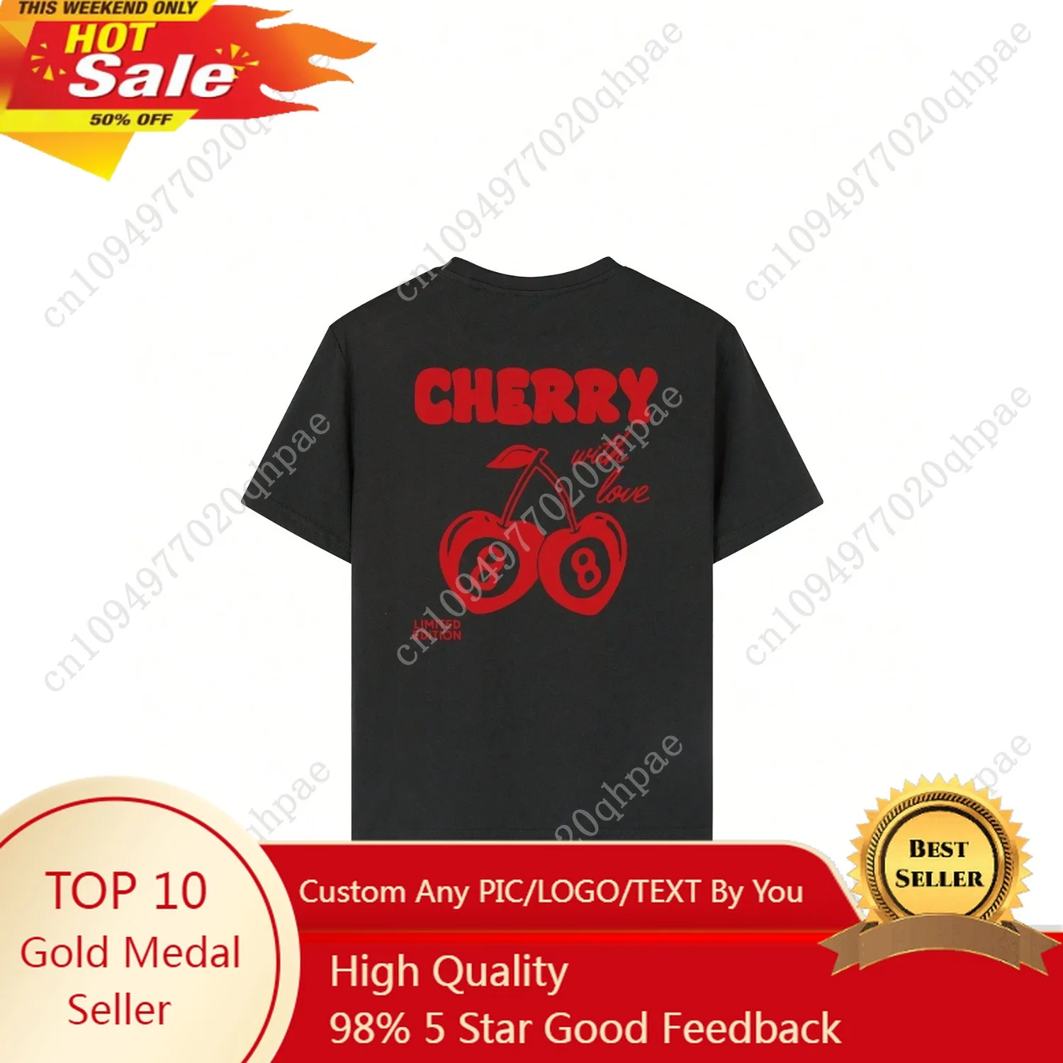 

Cherry and number 8 letter print round neck T-shirt Girls summer casual all-match T-shirt breathable short-sleeved top