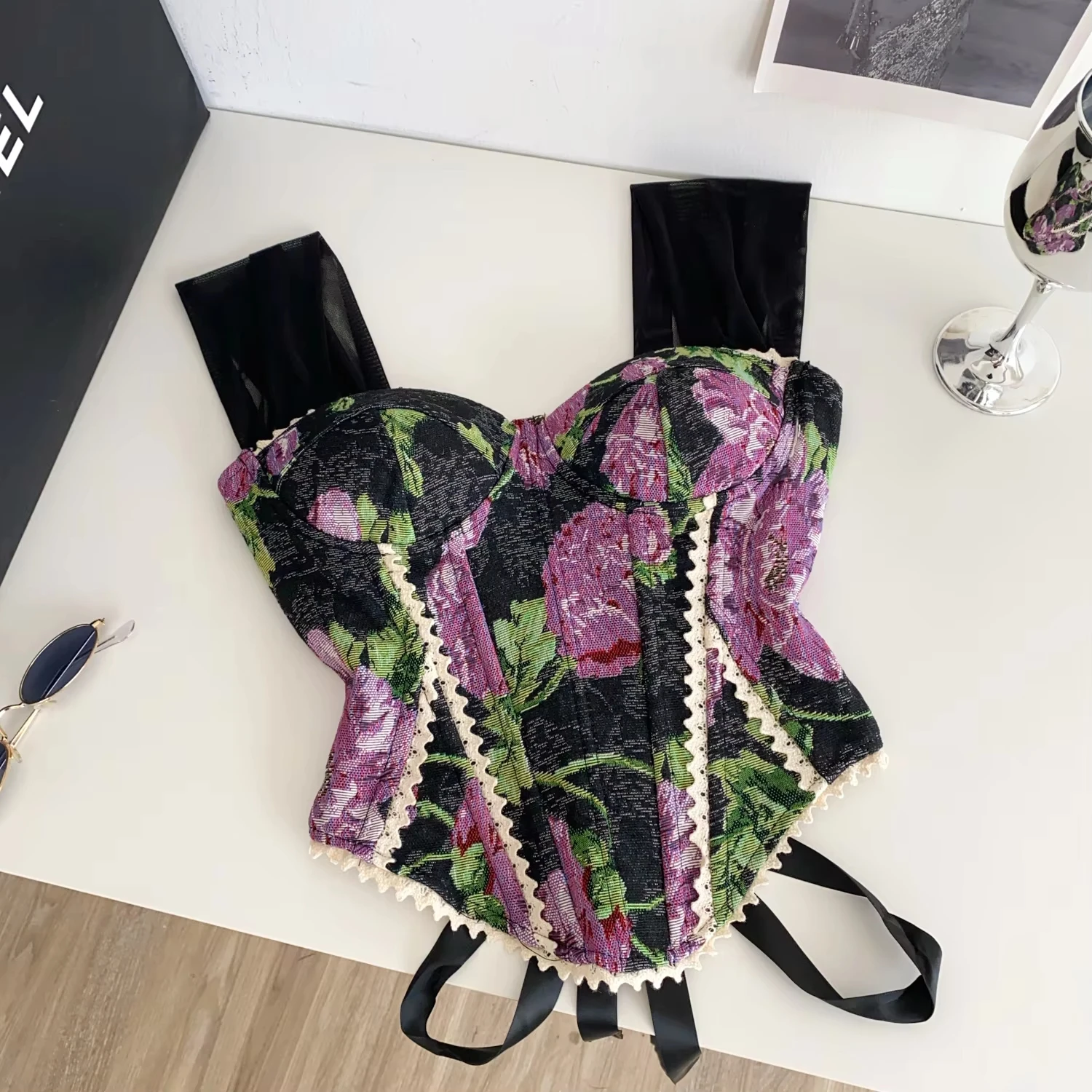 Damen Vintage Blumen-Korsett-Bustier-Top mit abnehmbaren Netzärmeln, Spitzenbesatz und Rückenband, Y2K Party Damen Crop Tops – Detail 14
