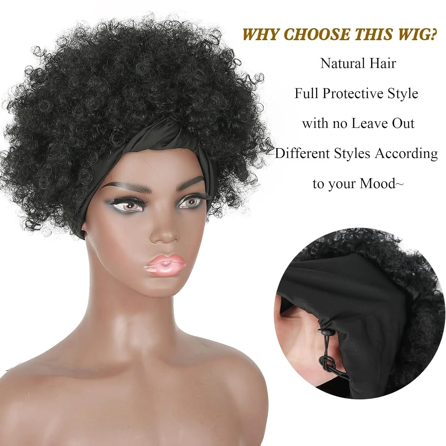 Kinky Curly Wig Black Headband Wigs for Women Short Hair Afro Headband Wig Curly Natural Afro Wig with Headband Attached Short S