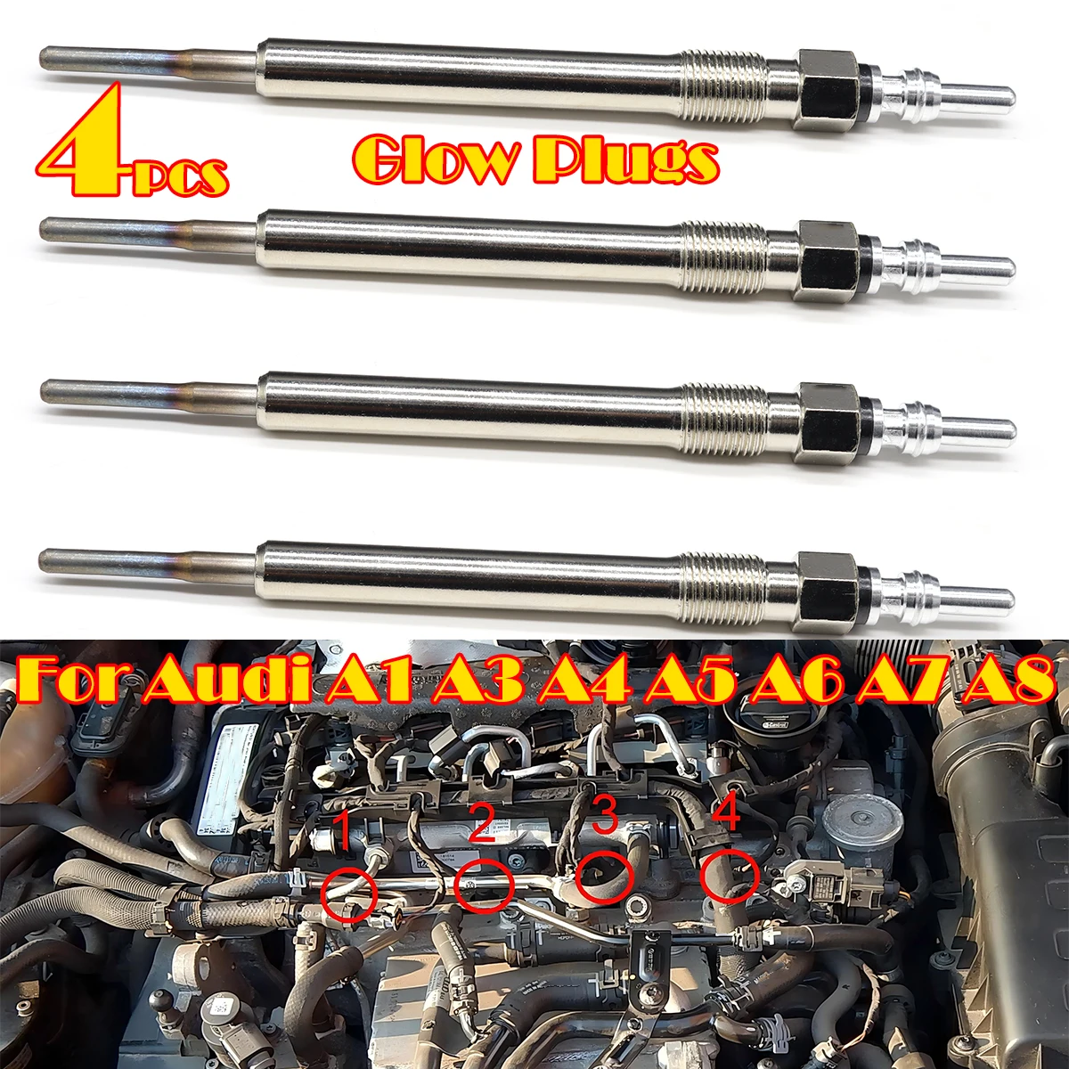 4PCS Diesel Heater Nickel Plating Glow Plugs 4.4V 03L963319 For Audi TT 8J FV A1 A3 A4 A5 A6 A7 A8 Q2 Q3 Q5 Q7 Q8  1.6 2.0 TDI