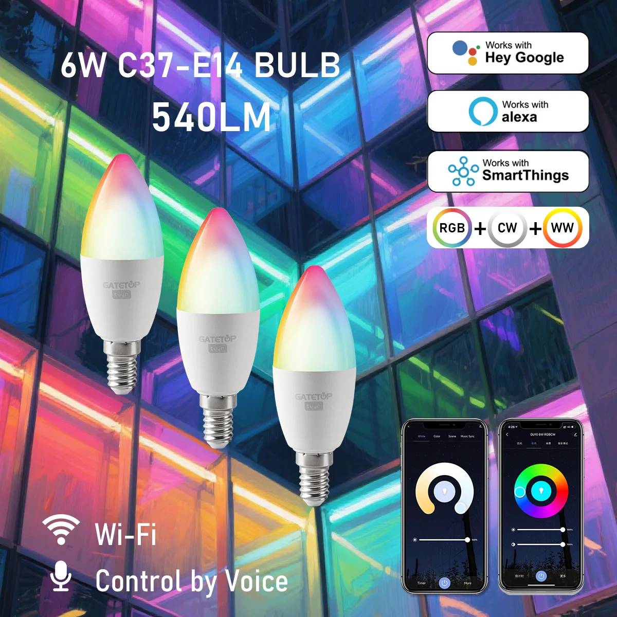 1-10 قطعة Tuya WiFi بلوتوث E14 لمبة ذكية RGBCW 85-265 فولت 6 واط LED مصباح C37 مصابيح كهربائية App التحكم الصوتي دعم أليكسا جوجل المنزل