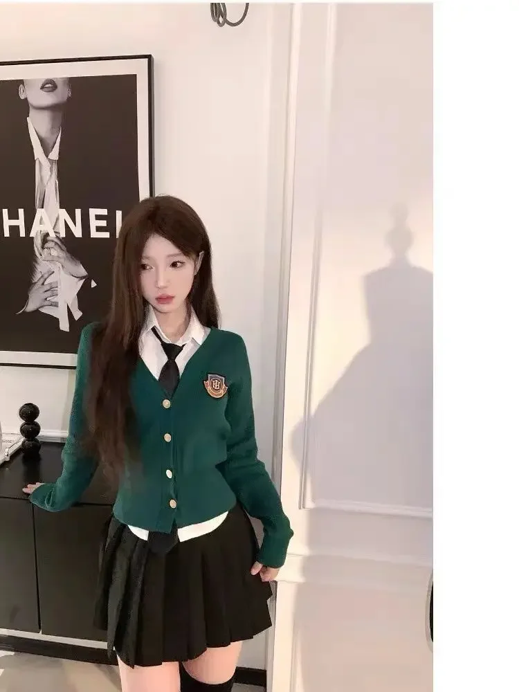 College Style Shirt Suit Autumn And Winter Sweet Spicy Knitted Cardigan Pleated Skirt Jk Uniform Korean School Uniform Set