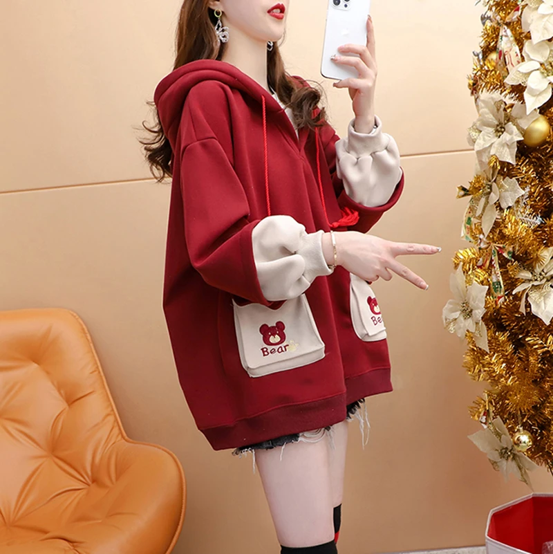 Women\'s Hoodies Thick Autumn Winter Velvet Warm Sweatshirts Korean Girls Oversize Comic Bear Embroidery Hooded Loose Tops