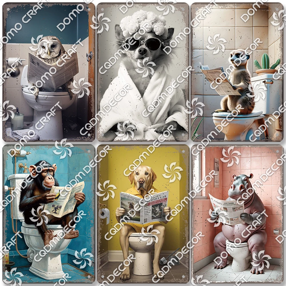 Funny Toilet Tin Sign Vintage Metal Poster Rabbit Raccoon Cat Dog Metal Plates Retro Wall Decor for Cafe Bathroom Home