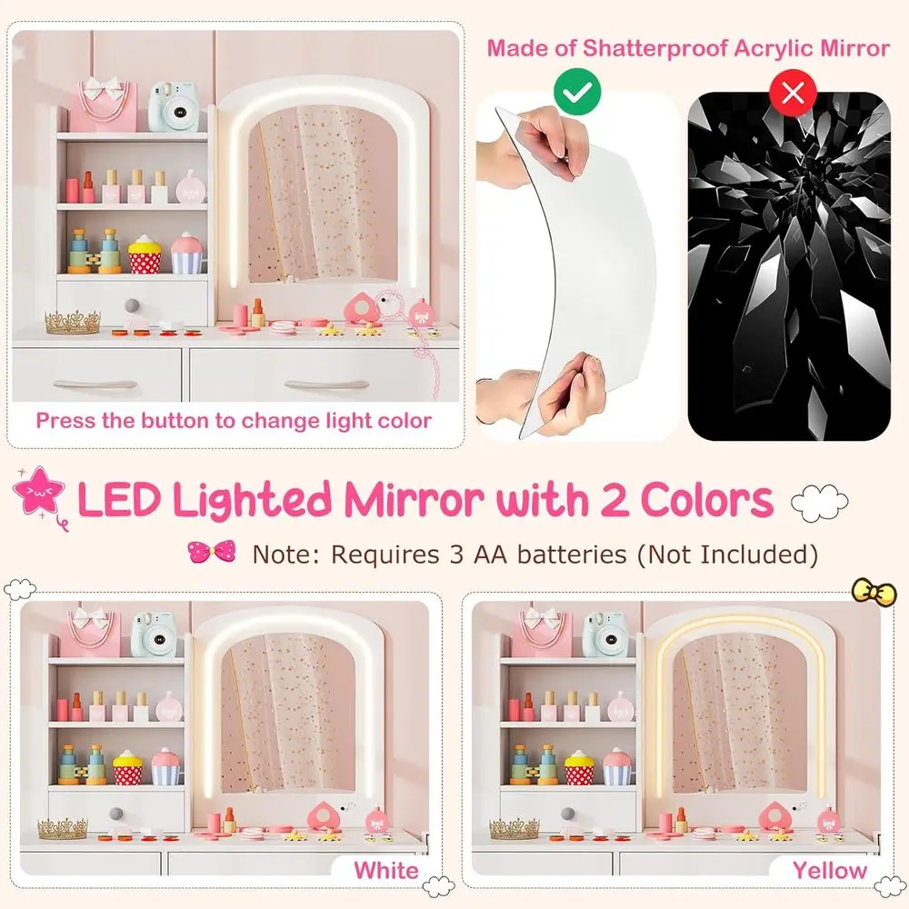 طقم فانيتي للأميرة البيضاء مع مرآة مضاءة، ومكتب مكياج، ومقعد، وأدراج وأرفف للفتيات الصغيرات