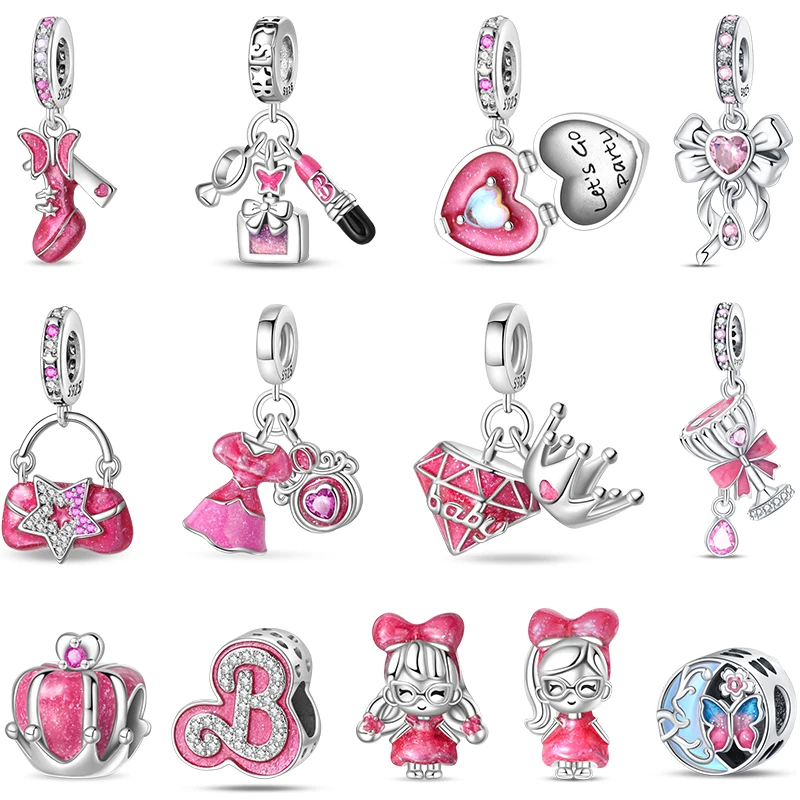 Süße romantische 925er Silber Prinzessin Buchstabe rosa High Heels Handtasche Kleid Charms Perlen passen Pan Original Armbänder DIY Schmuck