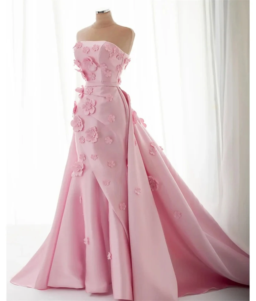 فستان سهرة مخصص من الساتان رشيق على شكل حرف a زهور ثلاثية الأبعاد عالي الجودة بدون حمالات بدون أكمام فستان سهرة نسائي