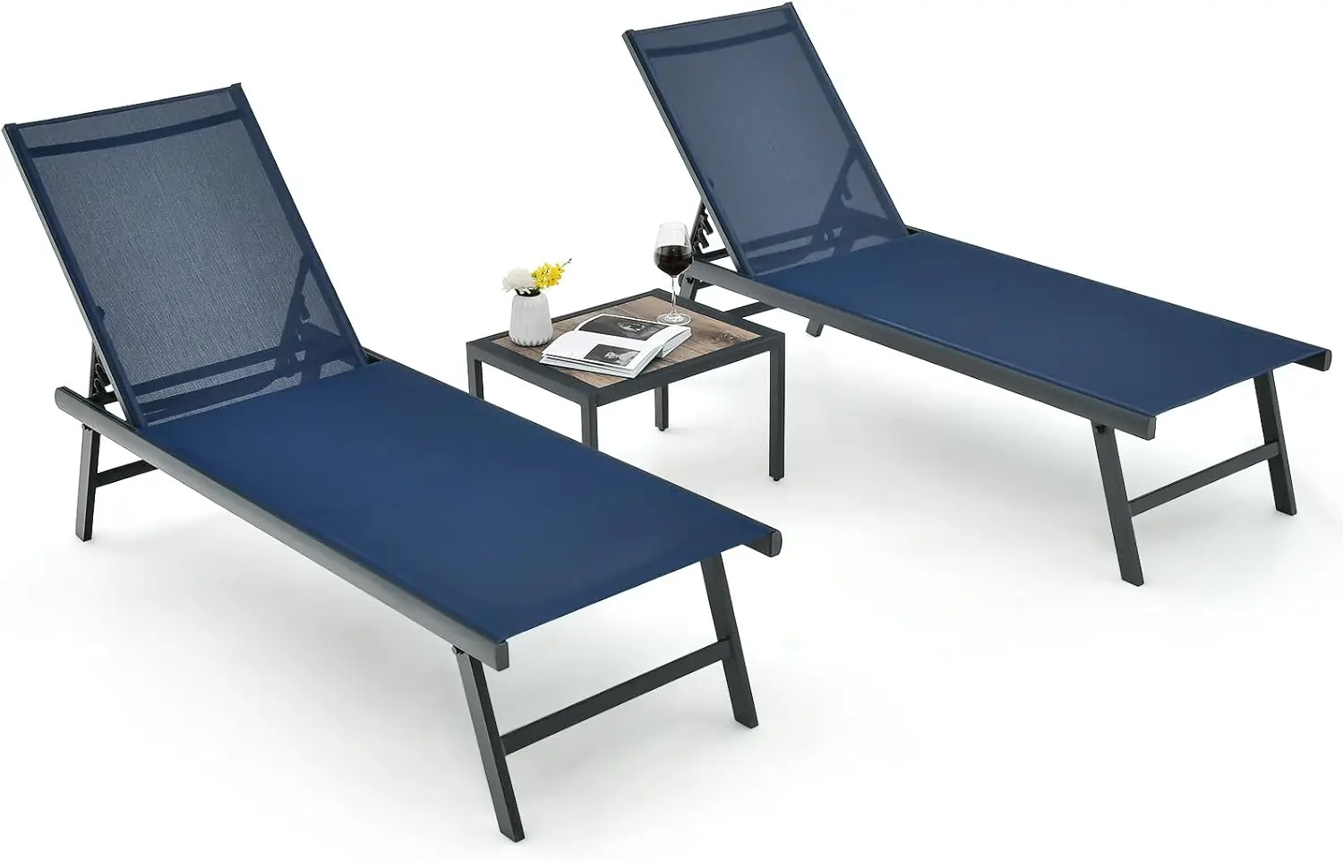 

3 Piece Patio Chaise Lounge Set, Aluminum Patio Recliner With Coffee Table, 6-Level Backrest Adjustment, Outdoor Lounge Chair &