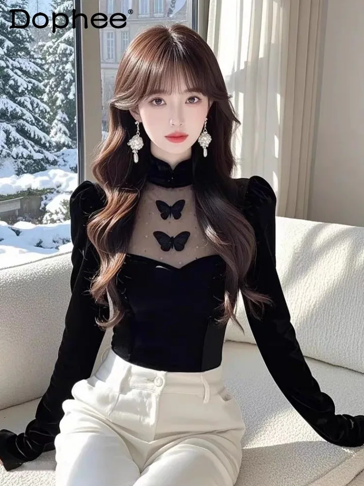 Black High-end Velvet Bottoming Shirt for Women's Autumn and Winter Beautiful Mesh Splicing Bubble Sleeves Semi-turtleneck Top