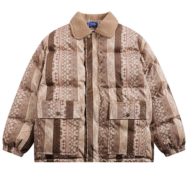 Men's Retro Printed Cotton Coat Lapel Collar Thickened Loose Casual Warmth Top American High Street Trend Thickened Bread Jacket