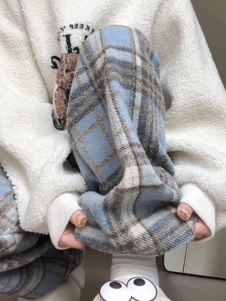 Blue Plaid Thiened Fce High Waist Straight Leg Wide Leg Pants Women's Casual Trousers Autumn Winter Slimming Effect