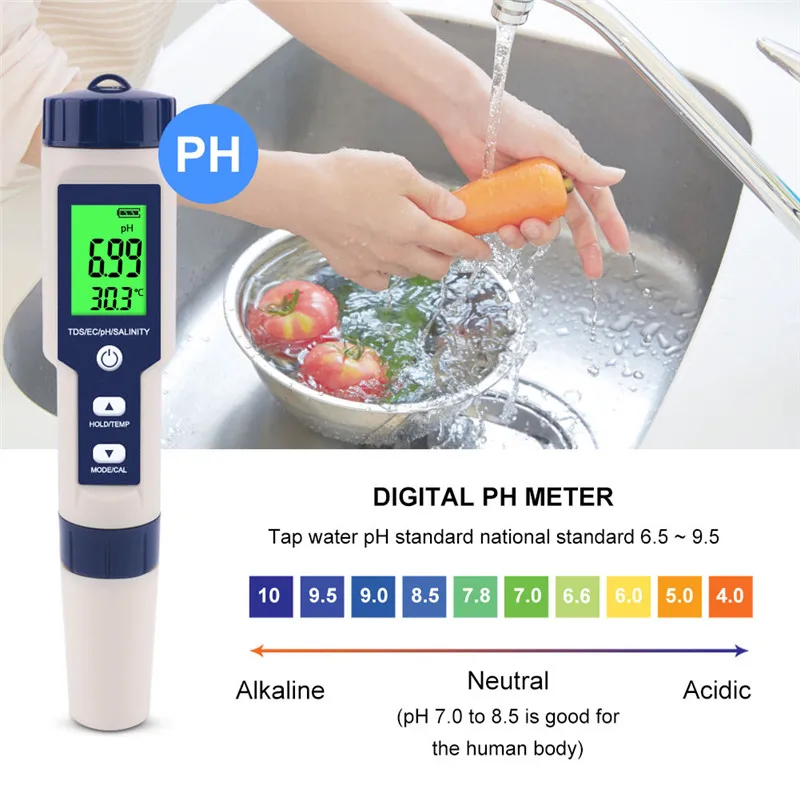 5 in 1 Water Quality Tester Digital TDS/EC/PH/Salinity/Temperature Meter for Pools Aquariums Water Quality Detector