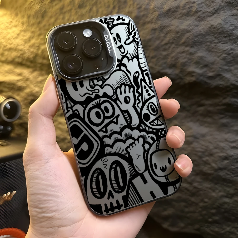 Caroon Black Graffiti Phone Cases for Apple iPhone 16 15 14 Plus Case 11 12 13 Pro Max XR XS X 7 8 Shockproof Bumper Cover