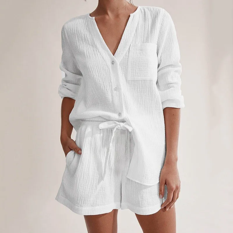 Casual Pocket White Sleepwear Cotton Suits With Shorts Female Lacing Long Sleeves Set Woman 2 Pieces V-Neck Women Pajama Autumn