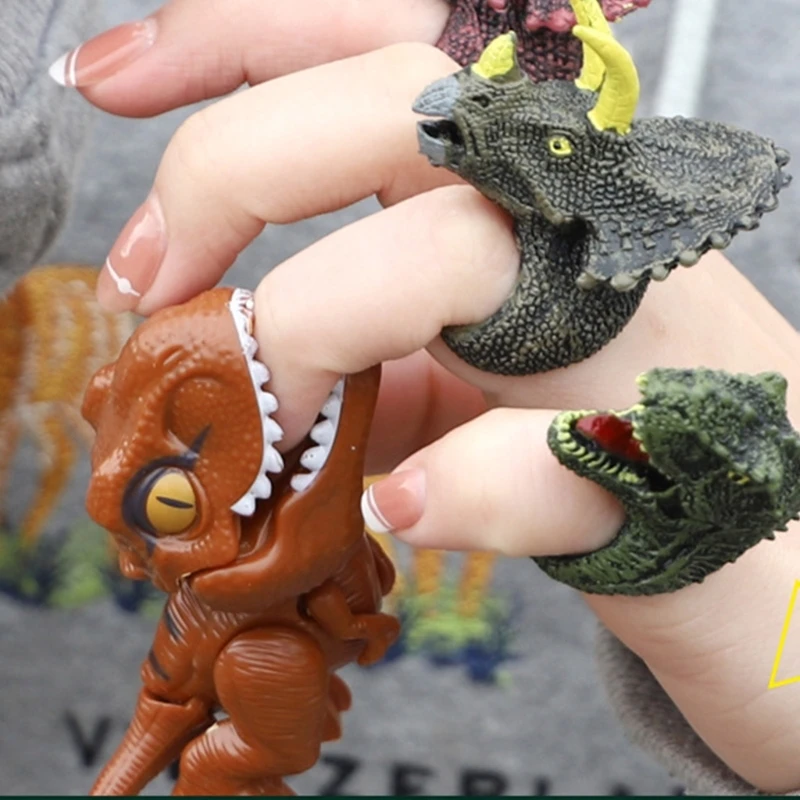 6 Pcs Funny Finger Puppet Animal Rings Interactive Toy Simulated Dinosaur Wildlife Open Rings Flexible Finger Toy