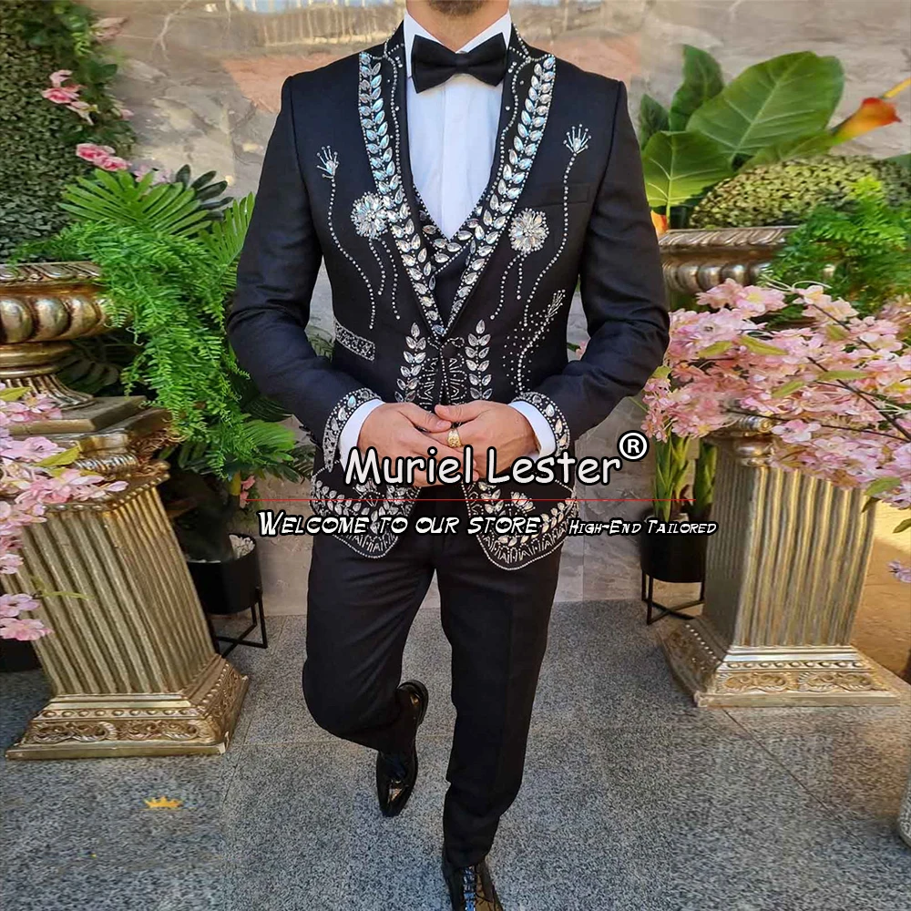 Luxury Groom Wedding Suits Men Tuxedos Jewelry Ornament Beading Jacket Vest Pants 3 Pieces Formal Bestman Fashion Clothing 2024