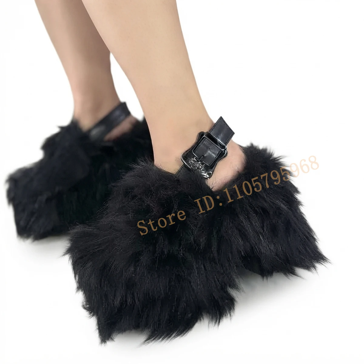 Black Fluffy Platform Mules Back Strap Buckle Casual Women's Shoes