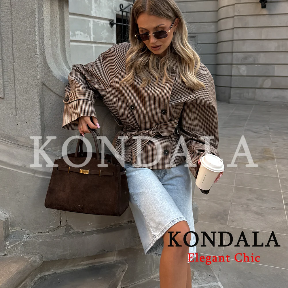 KONDALA Women Trendy Plaid Short Jacket Double Breasted Belt Pockets Jacket New Fashion 2026 Early Fall Streetwear Trench Coat