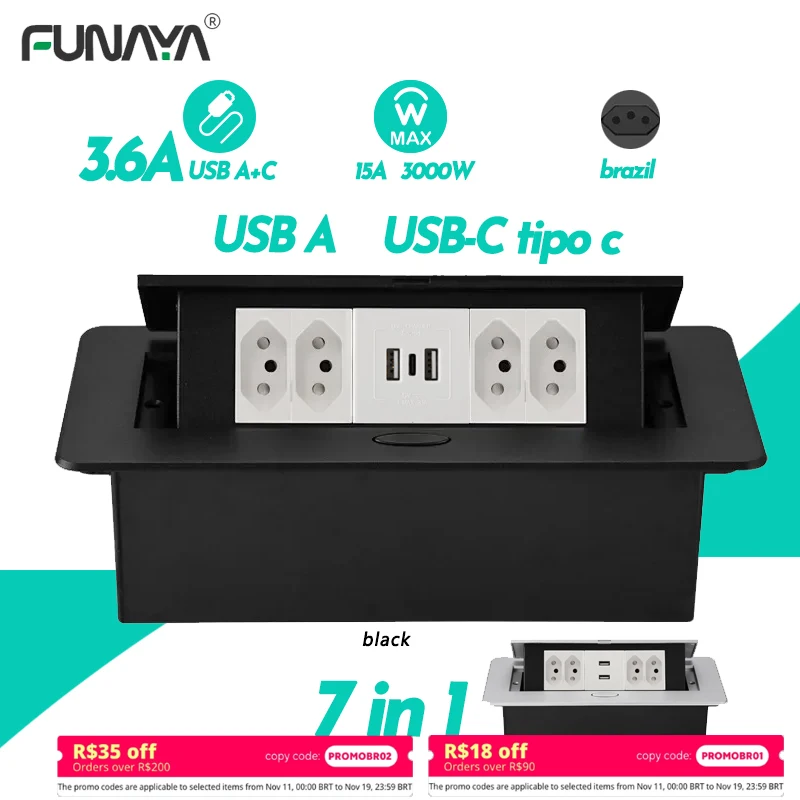 

FUNAYA Brazil Table Pop Up Sockets 16A 4 Outlets 2 USB AC 110~440V Switzerland Alloy Black Electric Built in Hidden Power Socket