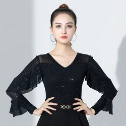 Samba Dance Wear Latin Tops Sequin Mesh Ballroom Tango Elegant Latino Practice Women Solid Color Slim Fit Ruffle Tops Clothes