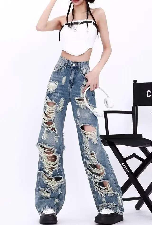 Ripped Jeans Women Summer 2024 Spring and Autumn New High Waist Slimming Straight Drape Small Wide Leg Pants Ins Fashion