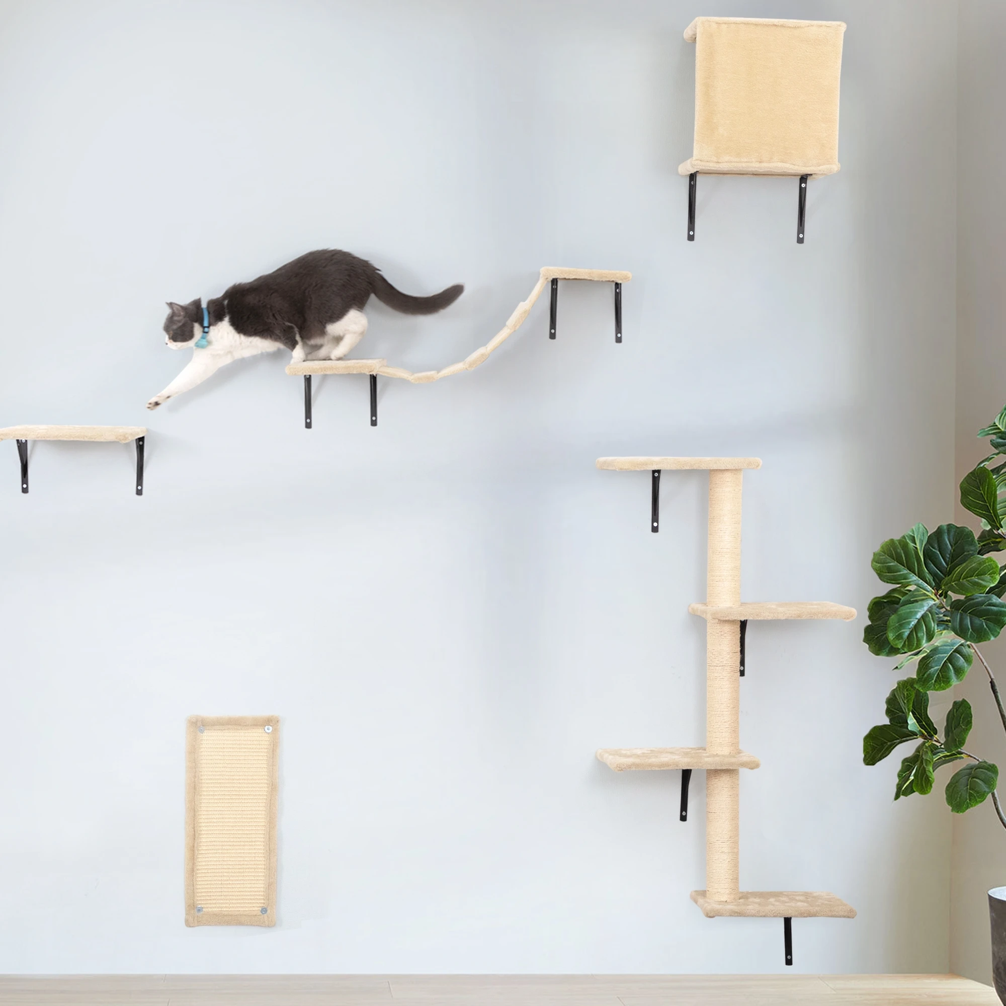 5 Pcs Wall Mounted Cat Climber Set, Floating Cat Shelves and Perches, Cat Activity Tree with Scratching Posts, Modern Cat Furnit